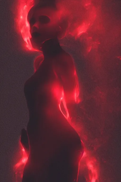 Prompt: a woman made entirely of black smoke, dancing, atmospheric, octane render, red lighting, soft lighting, volumetric light