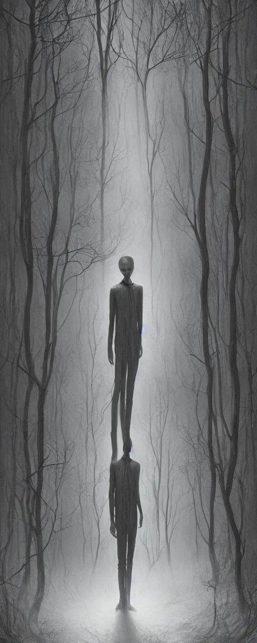 Image similar to a creepy portrait of slenderman. forest. night. character design by miles johnston, stephen gammell, gustave dore and zdzisław beksinski. volumetric light, detailed, rendered in octane