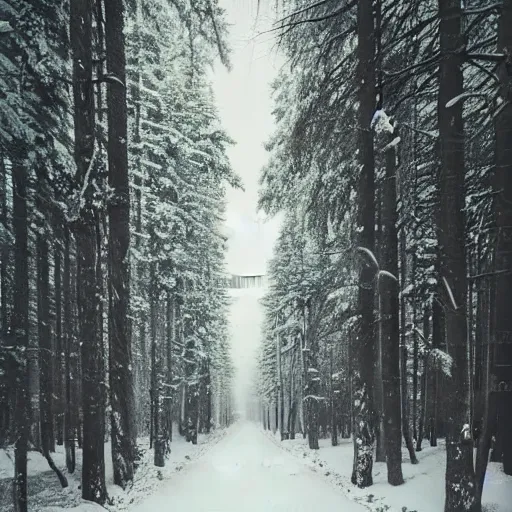 Image similar to atmospheric polaroid photograph of snowy forest growing on a city street