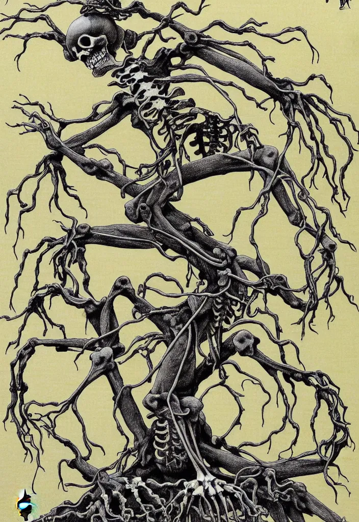 Prompt: prompt: anatomy dissection drawing skeleton Bonsai tree squid creature roots merging into big moon drawn by Takato Yamamoto, bonsai skeleton anatomy atlas, veins and organs attached to tree roots, alchemical objects inspired by 1980's sci-ci, old experimentation cabinet, intricate oil painting detail, manga 1980