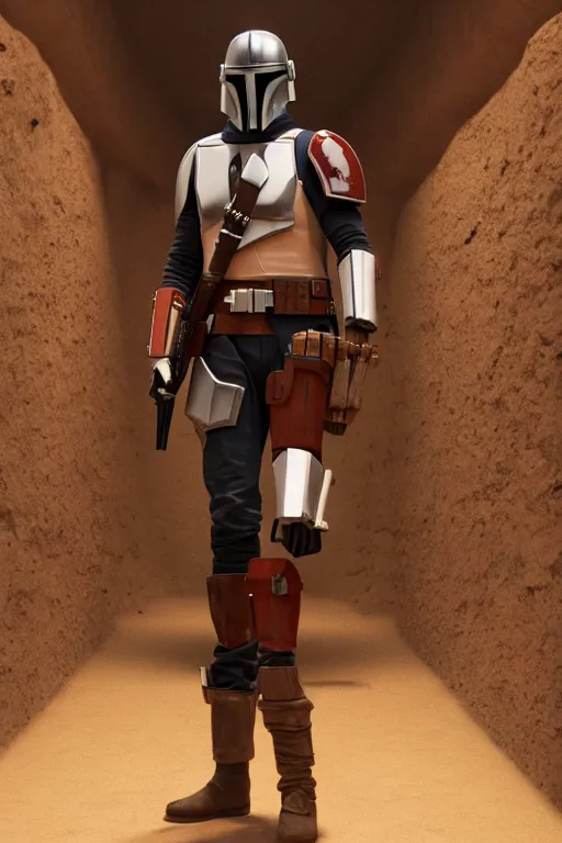 Image similar to off angle beautiful full body shot film still of the Mandalorian standing in a mos Eisley cantina, rim lighting, volumetric lighting, action pose, low angle, hard surface modeling, unreal, redshift, 3d model, 8k