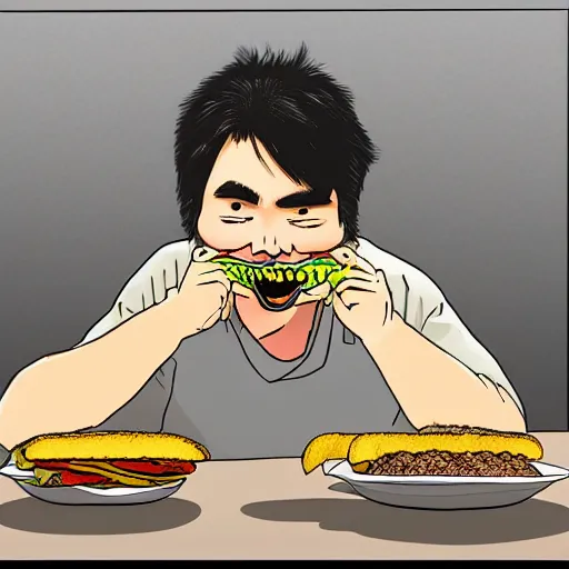 Image similar to Satoshi Nakamoto eating a cheeseburger, photo realistic, award-winning, highly-detailed, epic, cinematic, dramatic