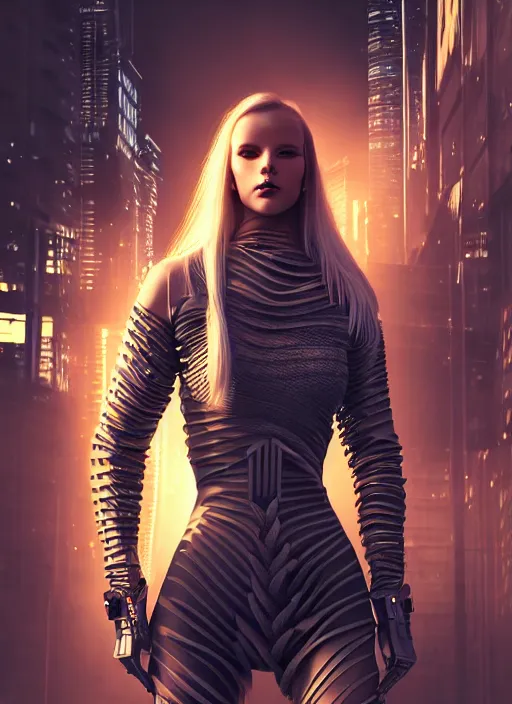 Image similar to photo of a gorgeous nordic female in a cyberpunk city, realistic, sharp focus, 8 k high definition, insanely detailed, intricate, elegant, artgerm, greg kutkowski, high contrast dramatic lighting