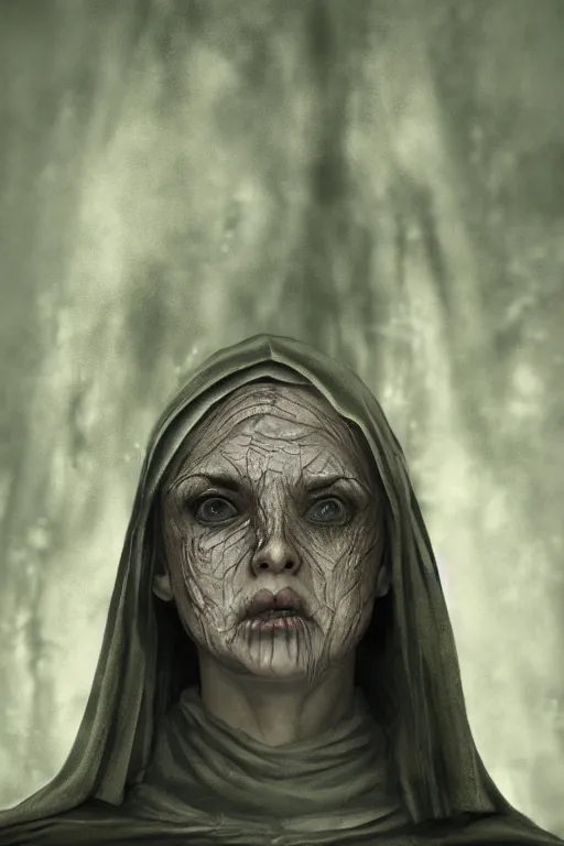 Prompt: middle aged woman with pustules, sad eyes, medieval clothing, lord of the rings style, highly detailed digital art, creepy atmosphere, overcast weather, trending on artstation