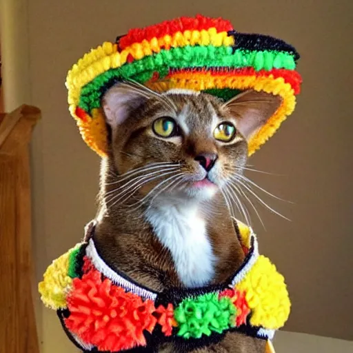 Image similar to a mexican cat wearing a sombrero and bandolier