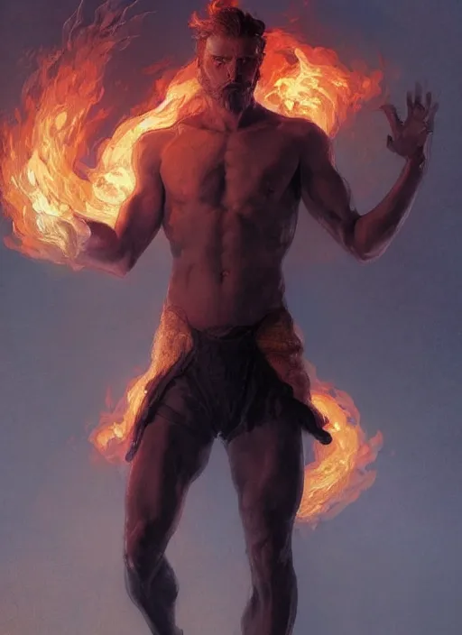 Image similar to a man made of fire and smoke, male, full body view, beautiful high quality realistic fantasy art, trending on artstation by artgerm and greg rutkowski and alphonse mucha