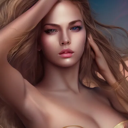 Image similar to a gorgeous female, photo, professionally retouched, soft moonlight lighting, shiny plastic bikini, realistic, smooth face, goddess, luscious lips, perfect eyes, wide angle, sharp focus on eyes, 8 k high definition, insanely detailed, intricate, elegant, art by artgerm and wlop
