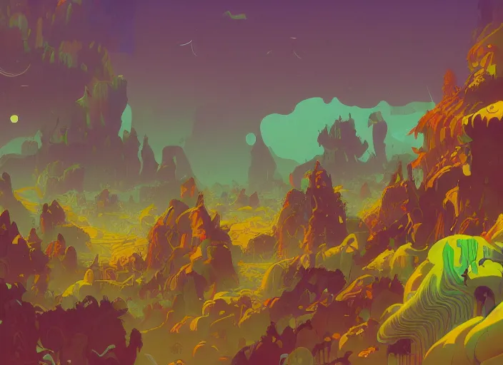 Image similar to psychedelic concept art of a landscape made of bananas, cel shaded, in the style of makoto shinkai and moebius and peter mohrbacher and anton fadeev