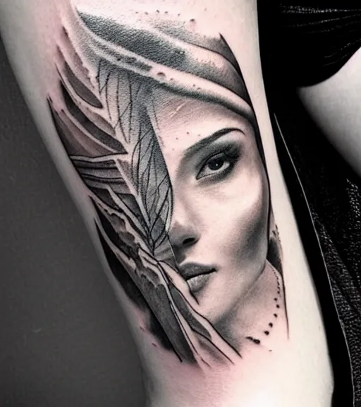 Image similar to tattoo design sketch of a beautiful woman face with a faded background of beautiful mountains and nature on her left side, hyper - realistic, in the style of den yakovlev, amazing detail, black and white