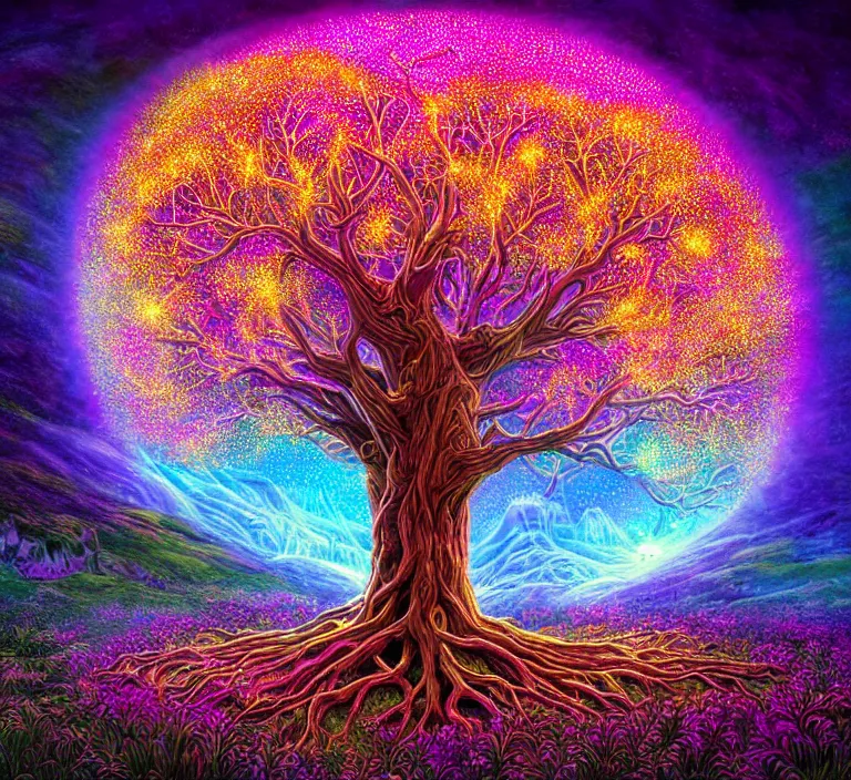 Prompt: magical intricate glowing tree of life in a hill, centralized, ethereal, rich, fantasy, smooth, sharp focus, high detailed colorful orbs, ultra wide shot, lush colors, by artgerm and alex grey and wes anderson and spike jonze, highly realistic, exquisite ornate, delicate