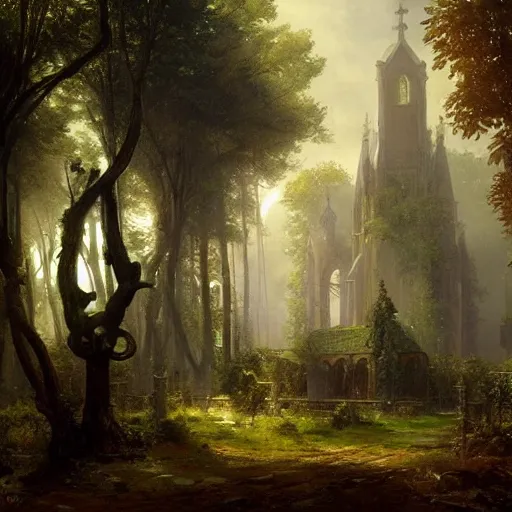 Image similar to a church made of trees and plants, druids, fantasy art, by greg rutkowski, by andreas achenbach,