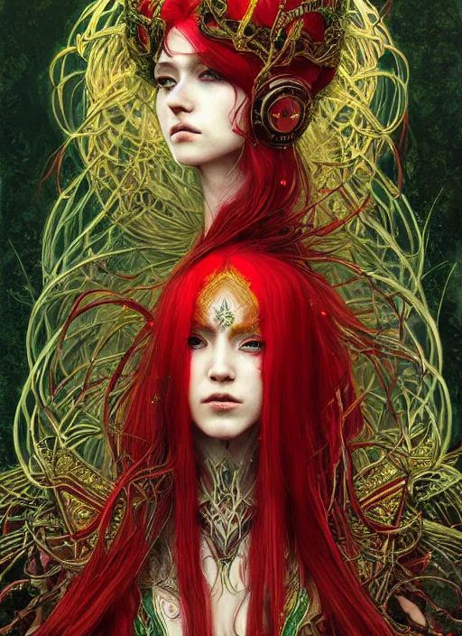 Image similar to a painting of a beautiful cyberpunk elven queen with long red hair, wearing green, red and gold ornate dress, golden intricate crown,. detailed symmetrical full body portrait, intricate complexity, concept art, by takato yamamoto, wlop, krenz cushart. cinematic dramatic atmosphere, sharp focus