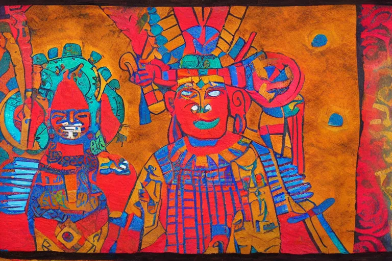 Image similar to 'Dawn of the Aztec godly lights' acrylic on hide, private collection, masterpiece