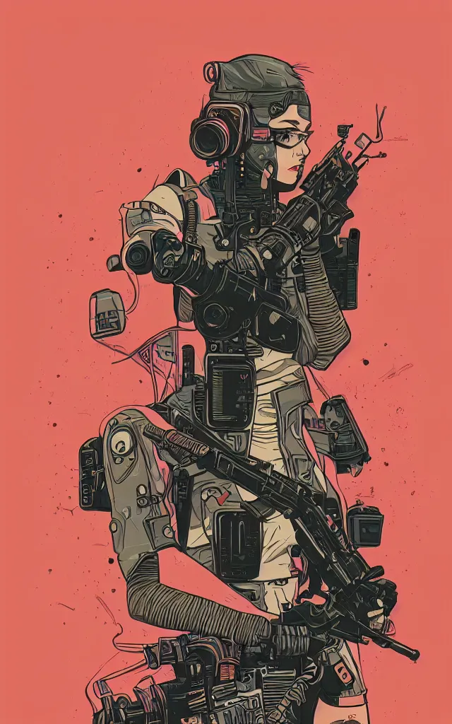 Prompt: very detailed, ilya kuvshinov, mcbess, rutkowski, simon roy, illustration of a cyberpunk military woman, colorful, cinematic composition, studio lighting