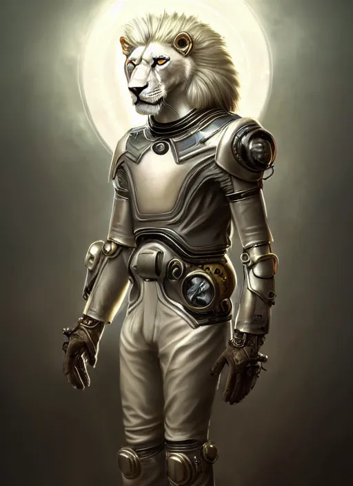 Image similar to an anthromorphic male white lion in a steampunk cybersuit, diffuse lighting, fantasy, highly detailed, photorealistic, digital painting, artstation, illustration, concept art, smooth, sharp focus, in the style of tom bagshaw