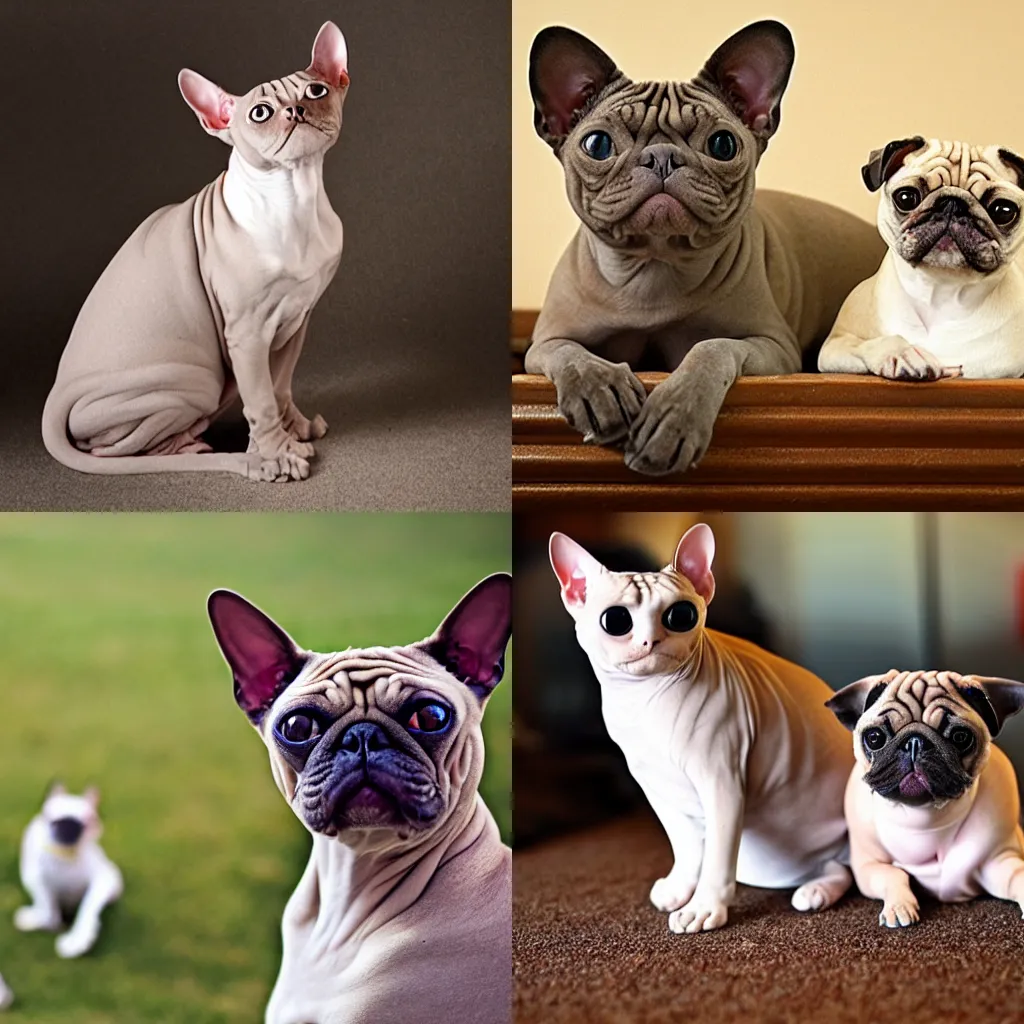 Prompt: photograph of a sphynx cat and a pug