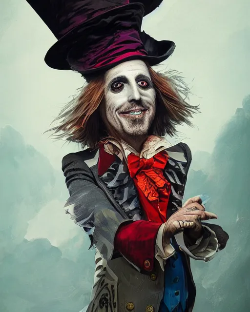 Image similar to tom petty as the mad hatter, contrast, kim jung gi, greg rutkowski, zabrocki, karlkka, jayison devadas, trending on artstation, 8 k, ultra wide angle, zenith view, pincushion lens effect