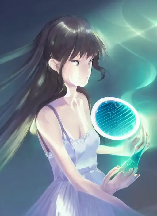 Image similar to a woman in a white dress is holding a hair brush, a hologram by muqi, trending on pixiv, neo - figurative, official art, anime aesthetic, booru