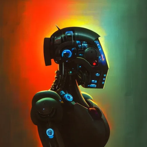 Image similar to a dark and colorful close - up side profile portrait of a sci - fi mecha robot with led lights glowing fog in the background. highly detailed science fiction painting by norman rockwell, frank frazetta, and syd mead. rich colors, high contrast, gloomy atmosphere, dark background. trending on artstation