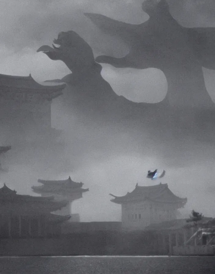 Image similar to a filmstill of a north korean monster movie, kaiju - eiga monster starfish - like trampling a traditional korean palace, foggy, film noir, video compression