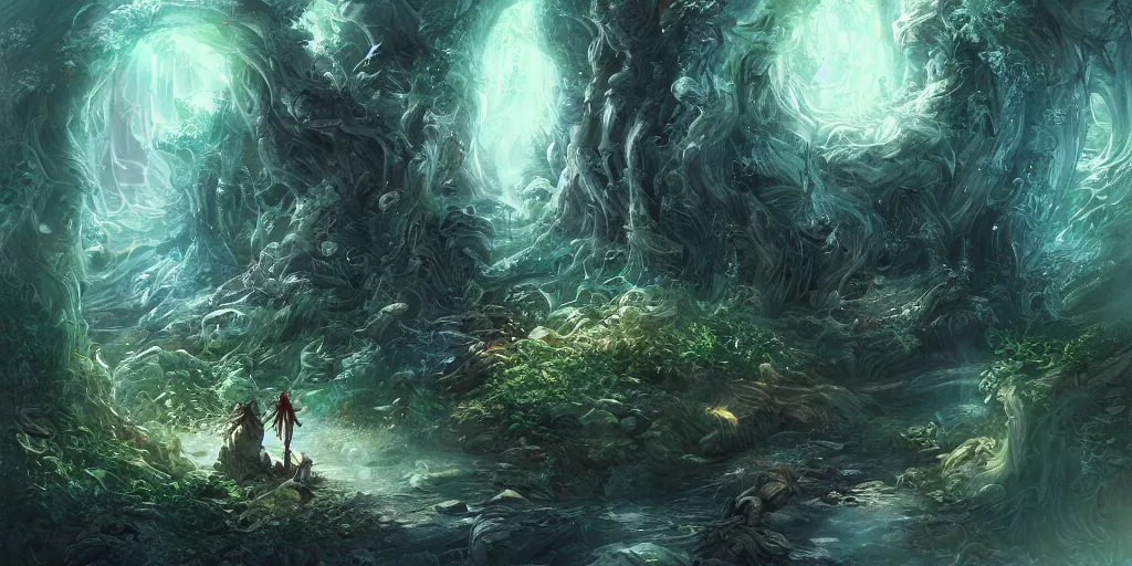 Image similar to A wizard summoning a portal in the forest to another land by ross tran, hyper-detailed, intricate, wide angle, beautiful, fantasy, concept art