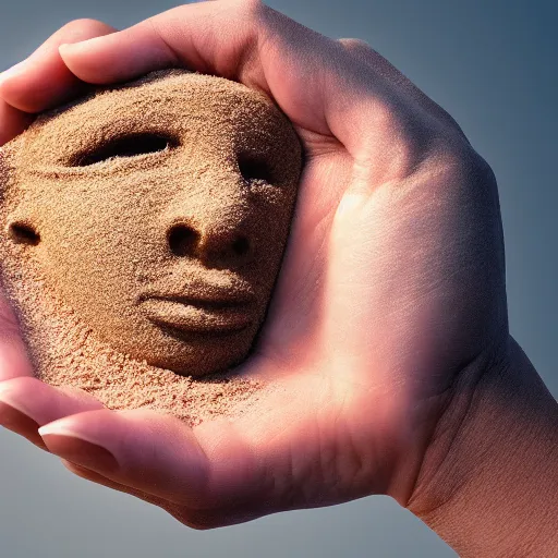 Prompt: a hand holding a face made of sand vanishing, photorrealistic, 8 k