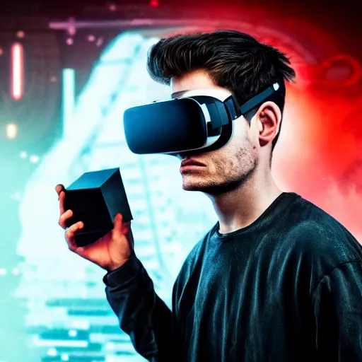 Image similar to a Portrait of a hacker wearing VR goggles, by Mr Robot, by Ready Player One, by Kung Fury, computer screens in the background, dark, dramatic, realistic studio lighting, realistic reflections, 4k, professional, canon