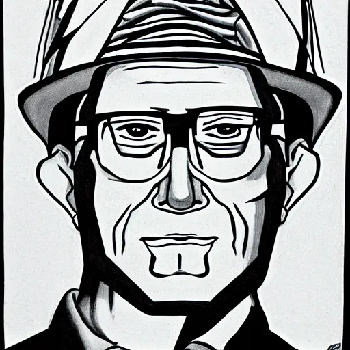 Image similar to Hank Hill, by Escher, portrait black and white, background DMT colors, drawing