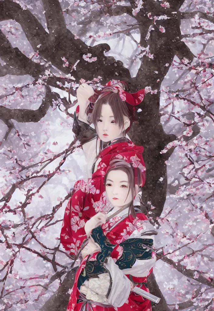 Image similar to detailed portrait of girl samurai in hakama with swords and rifles, in snow forest sakura cherry blossom, taisho roman, by wlop and krenz kushart, elite, elegant, luxury, perfect face, fine details, realistic shaded, fine - face, pretty face