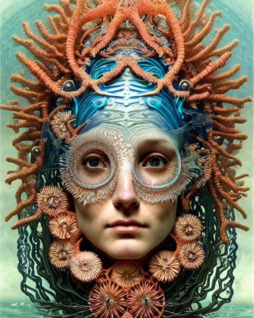 Image similar to hyperrealistic detailed underwater face portrait of the beautiful goddess of the fish skeletons with an intricate headgear of corals, sea kelp, sea plants, fish, starfish, jellyfish, art by ernst haeckel, john william godward, android jones, alphonso mucha, h. r. giger, gothic - cyberpunk, ornamental, beautiful deep colours,