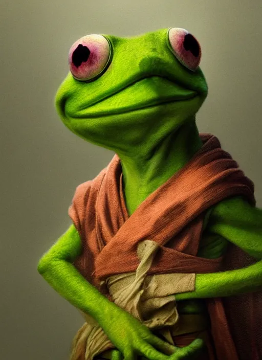 Image similar to a Photorealistic dramatic hyperrealistic render of a beautiful Kermit the Frog by WLOP,Artgerm,Greg Rutkowski,Alphonse Mucha, Beautiful dynamic dramatic dark moody lighting,shadows,cinematic atmosphere,Artstation,concept design art,Octane render,8K