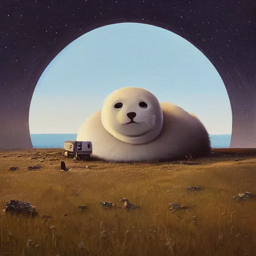 Image similar to an intricate oil painting of a giant cute white furry baby seal with by simon stalenhag