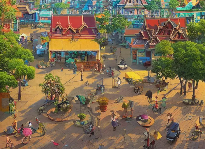 Prompt: bangkok townsquare, summer morning, very coherent and colorful high contrast, art by gediminas pranckevicius, geof darrow, dark shadows, hard lighting