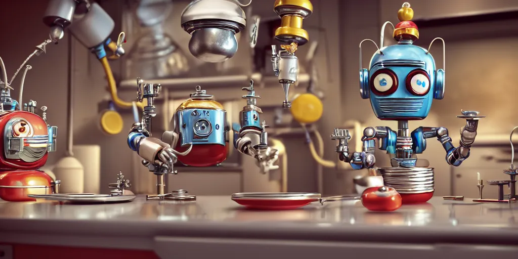 Image similar to closeup portrait of tin toy retro robot scientists cooking pastry in a kitchen, depth of field, zeiss lens, detailed, centered, fashion photoshoot, by nicoletta ceccoli, mark ryden, lostfish, breathtaking, 8 k resolution, extremely detailed, beautiful, establishing shot, artistic, hyperrealistic, octane render