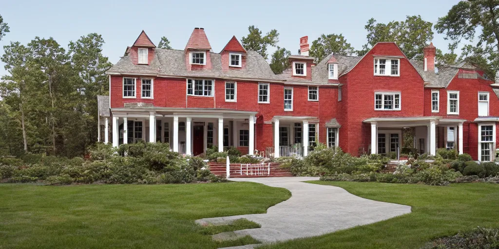 Image similar to red brick wooden cape cod with wood and tile white black mansion by mcalpine house, by jackson & leroy architects