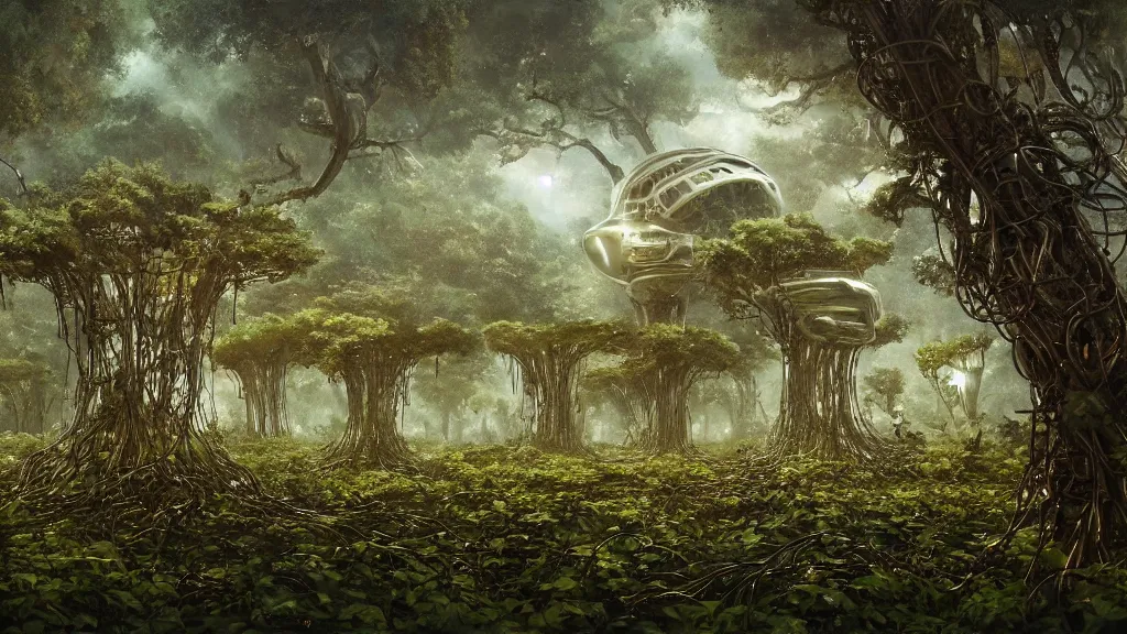 Image similar to the remnants of a broken alien supercomputer covered in wires and foliage in a mystical grove, sentry robots hovering in the air, somber melancholic matte painting, highly detailed oil painting, liminal space, 8k, stillness, solitude, sorrowful nostalgic awe-inspiring atmosphere, masterpiece