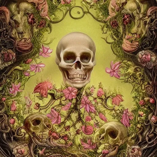 Image similar to a beautiful detailed rococo 8 0's photo of a rotten woman corpse becoming almost a skull with face muscles, veins, arteries, fractal plants and fractal flowers and mushrooms growing around, intricate, ornate, volumetric light, beautiful lit, beetlejuice