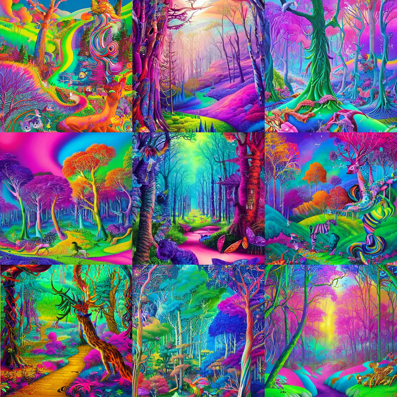 Prompt: lisa frank forest painting by android jones