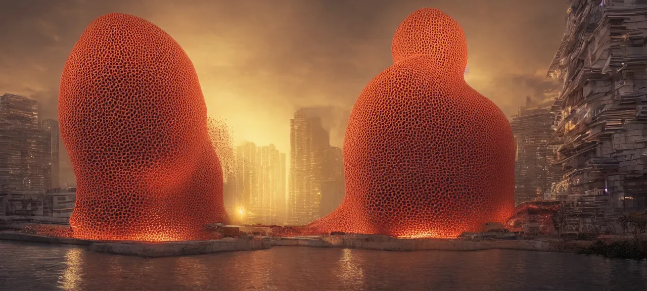 Image similar to An epic architectural rendering of a blob shaped trypophobia house with a mysterious red glow emitting from inside in a modern cityscape next to a river, stunning, gorgeous, golden ratio, photorealistic, featured on artstation, 4k resolution