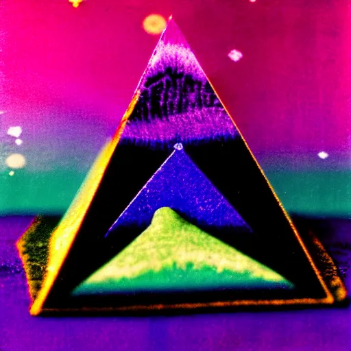 Image similar to colorful velvet Wizard triangle tree pyramid crystal, in a forest in twilight, 70s, polaroid, DOF, grain, kaleidoscope