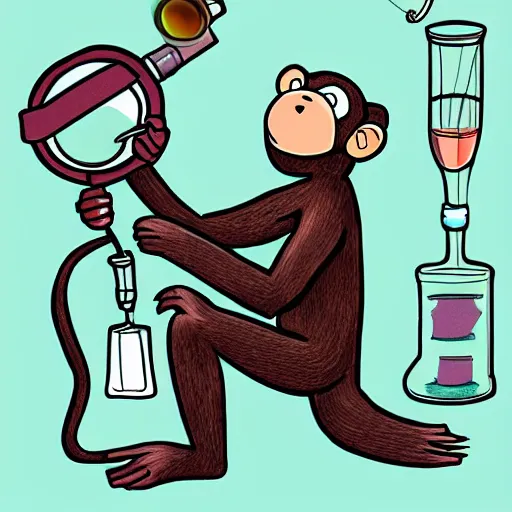 Prompt: a monkey scientist working on his potion digital art