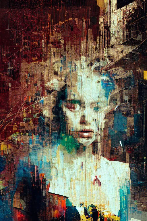 Image similar to a beautiful glitched painting by robert proch of a woman in a glitched bathroom, metal rust and plaster materials, pixel sorting, color bleeding, brushstrokes by jeremy mann, still life, dark colors