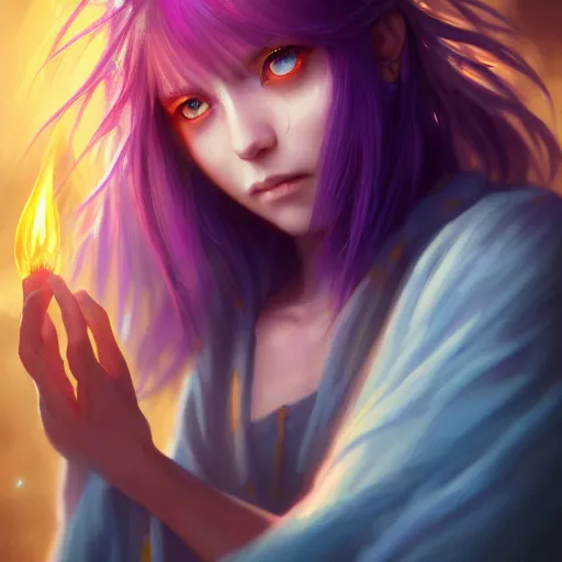 Prompt: rimuru tempest from tensura holding purple fire in her palm, with amber eyes of golden colored eyes, straight hair, sky blue hair, long bangs, concept art, award winning photography, digital painting, cinematic, wlop, 8 k, by ross tran, tom bagshaw