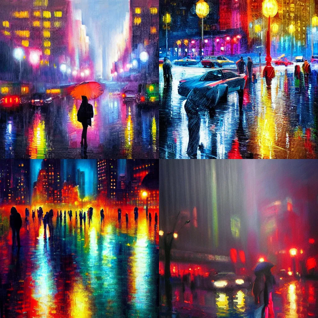 Prompt: colorful night rain in central park after midnight. reflections everywhere. highly detailed painting by slava ilyayev in neo noir style.