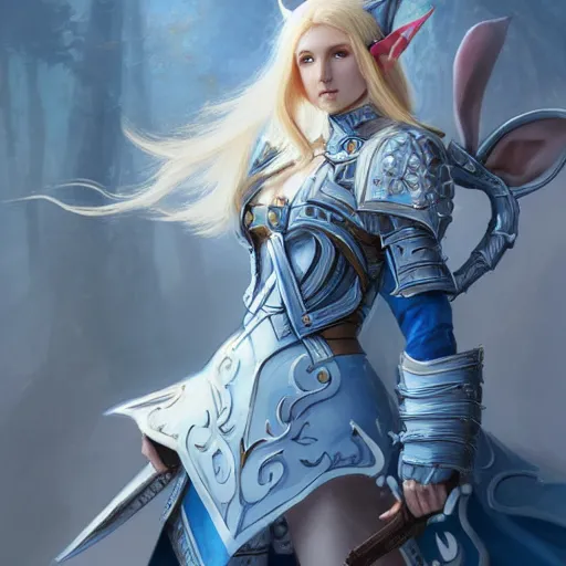 Prompt: young blonde female elf warrior in blue and white armor, surrounded by rabbit knights, epic wallpaper, high fantasy, flowers and trees, intricate detail, digital painting, artstation, concept art, smooth, sharp focus, illustration, art by greg rutkowski and wlop and raymond swanland and ross tran