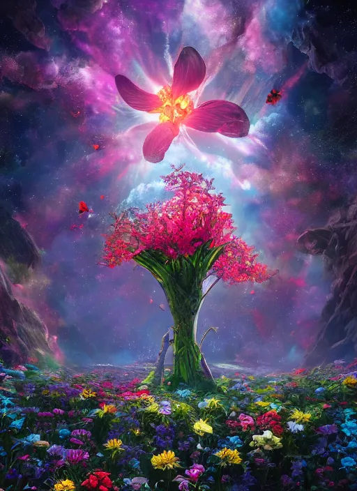 Prompt: An epic fantastic realism comic book style painting of the most beautiful flowers launched across the spiraling starry cosmos, nearby star, fisheye, unreal 5, DAZ, hyperrealistic, octane render, dynamic lighting