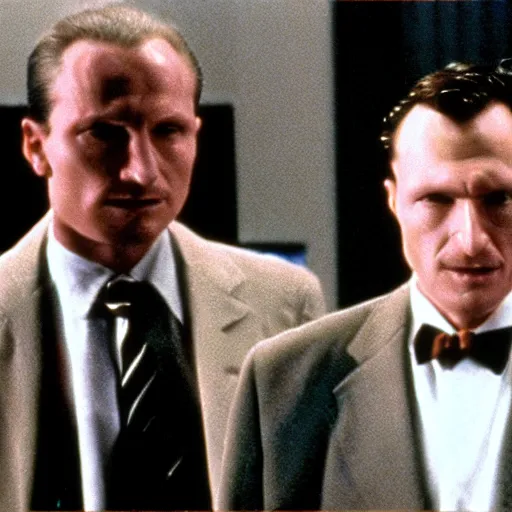 Image similar to film still, Martin Heidegger in American Psycho suits