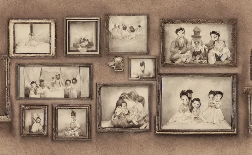 Image similar to 19th century storybook illustration of family photo portraits in picture frames on a wall, line art, water color, sepia tints