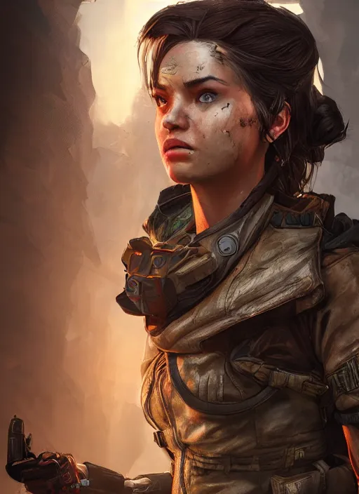 Prompt: A comic book style portrait painting of a female ranger in a post apocalyptic setting, unreal 5, DAZ, hyperrealistic, octane render, dynamic lighting