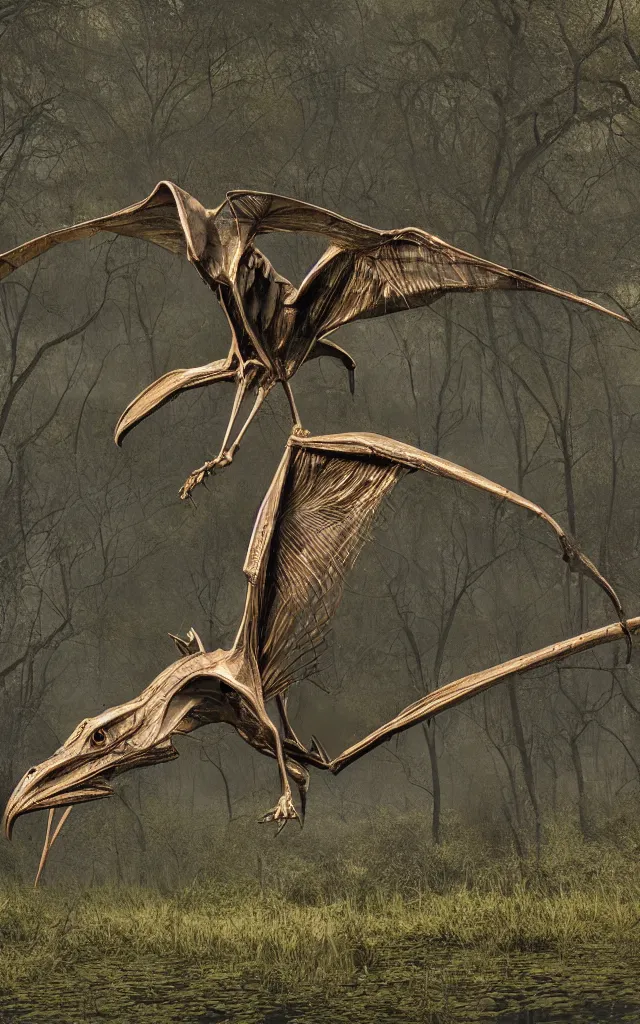 Image similar to metallic iron pterodactyl living in a swamp, photorealistic, photography, trail cam